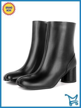 Tabi Boots Split Toe Ankle Booties Chunky Heel Zipper Block Heel Short Boot